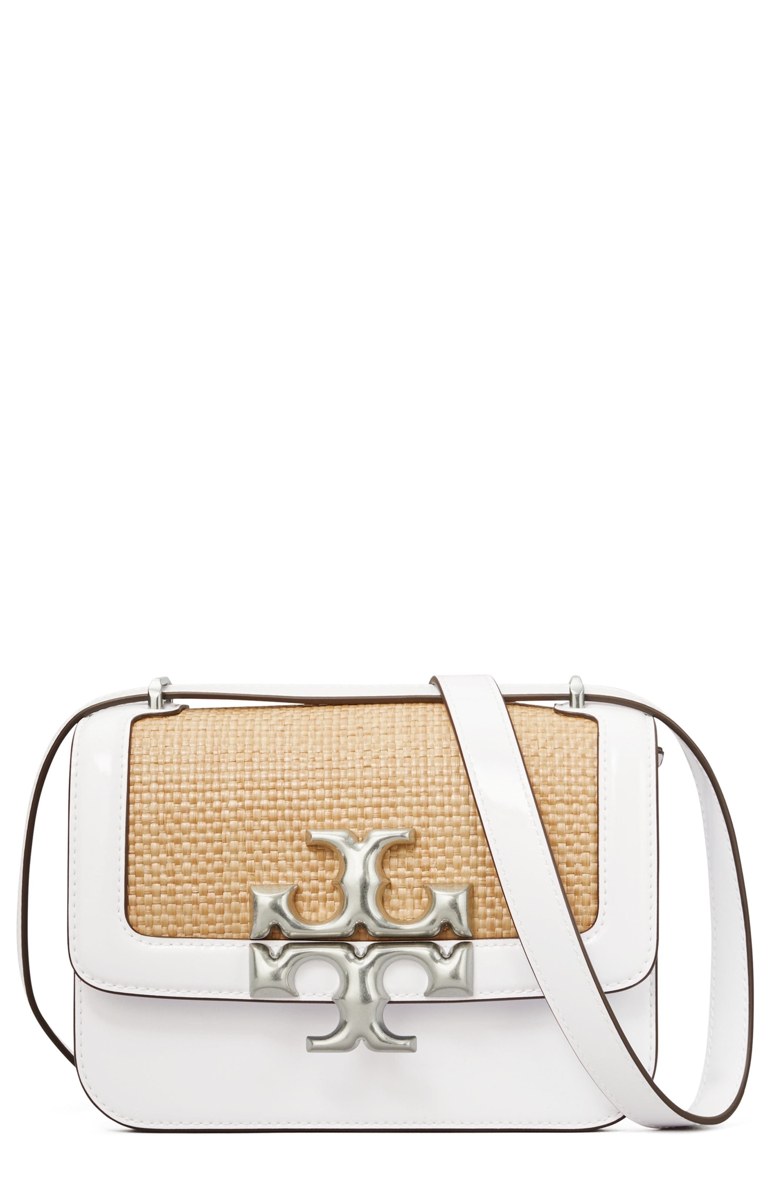 Tory Burch Eleanor Small Woven Straw & Leather Shoulder Bag, Main, color, 