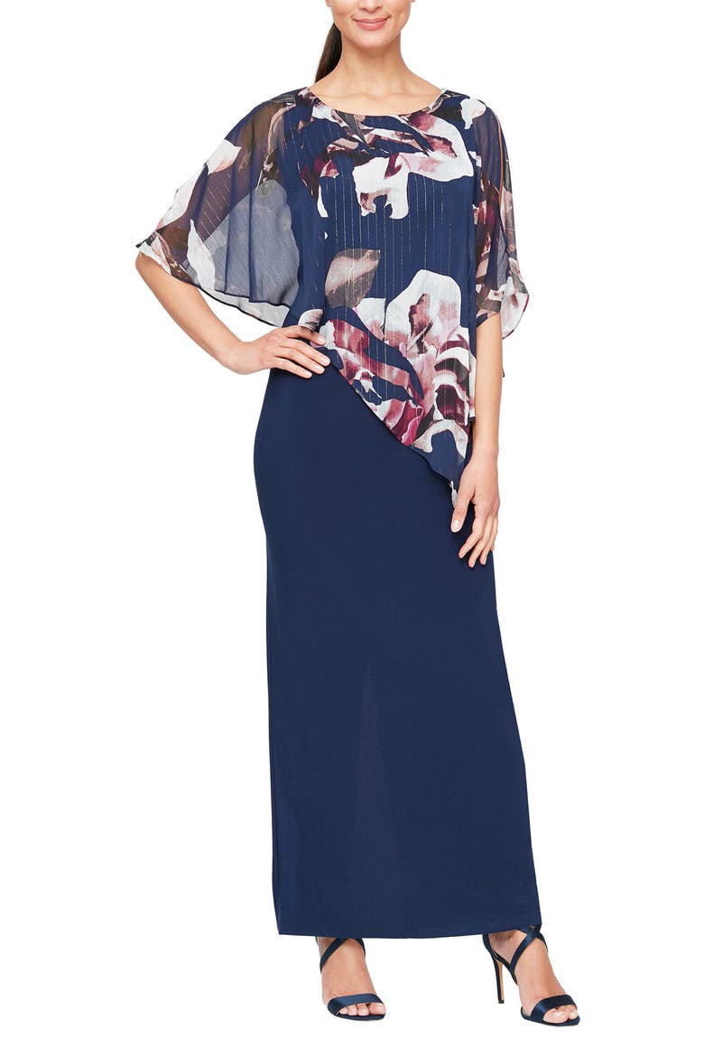 SLNY Large Floral Print Asymmetrical Cape Long ITY Dress (Women ...