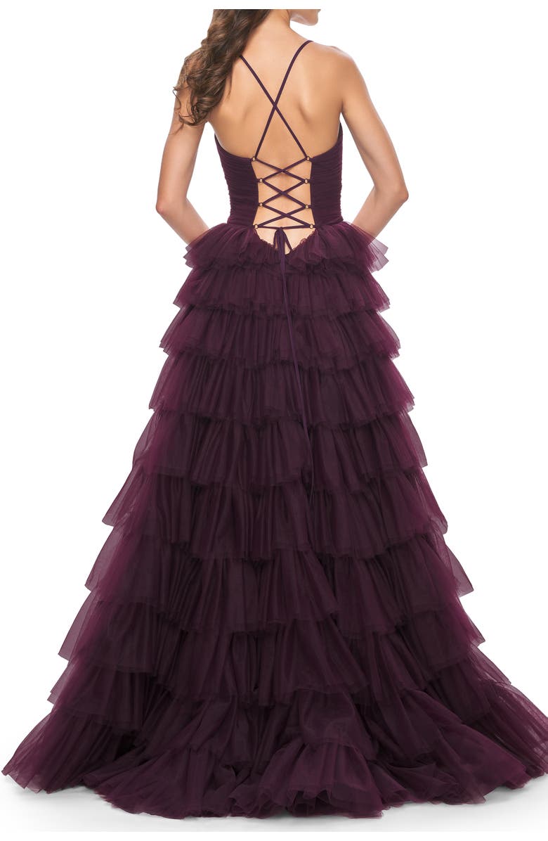 La Femme A-Line Ruffle Tulle Gown with High Slit and Lace Up Back, Alternate, color, Dark Berry