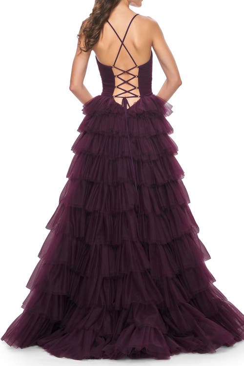 La Femme A-line Ruffle Tulle Gown With High Slit And Lace Up Back In Dark Berry