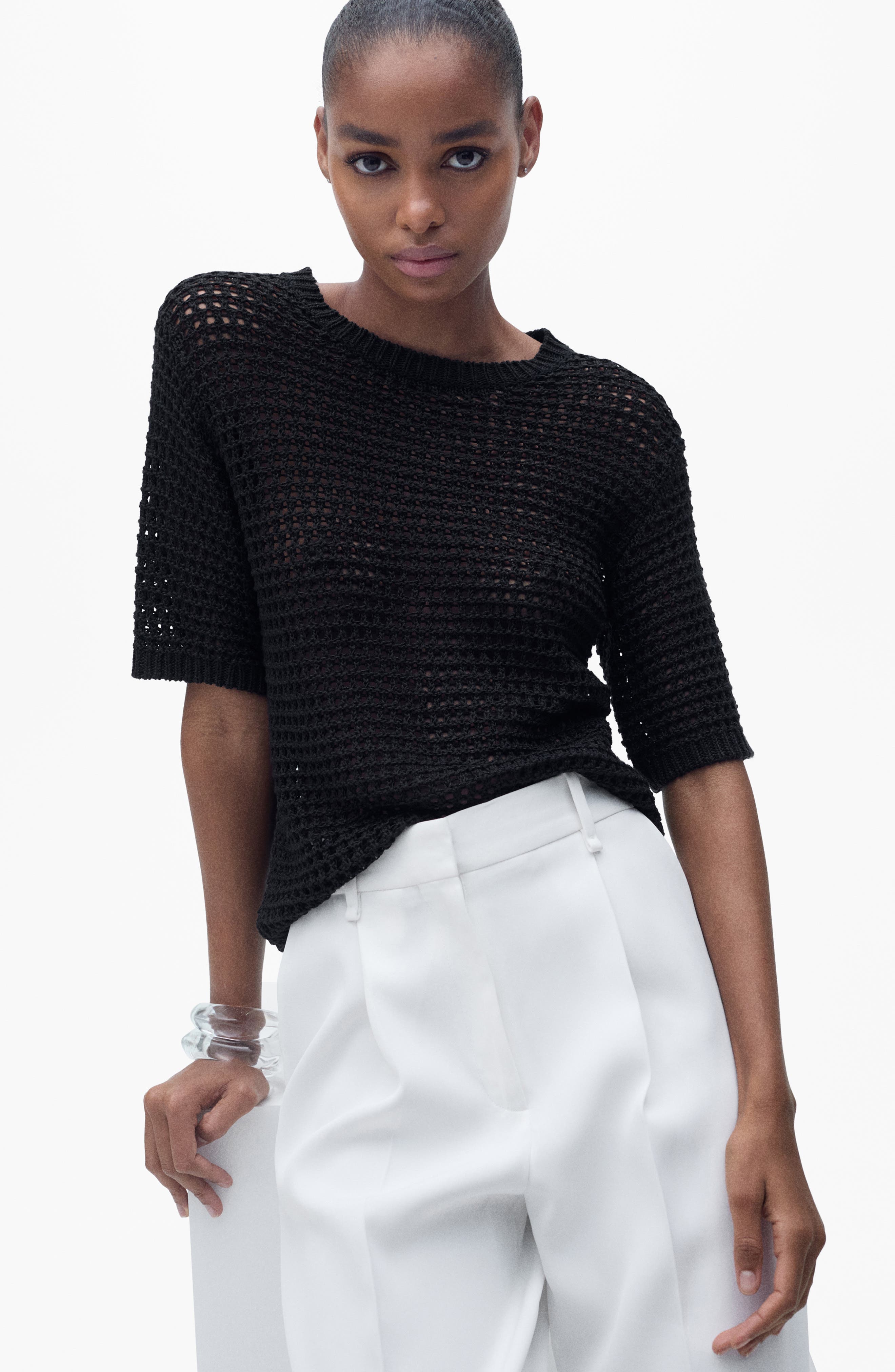 MANGO Open Stitch Short Sleeve Top