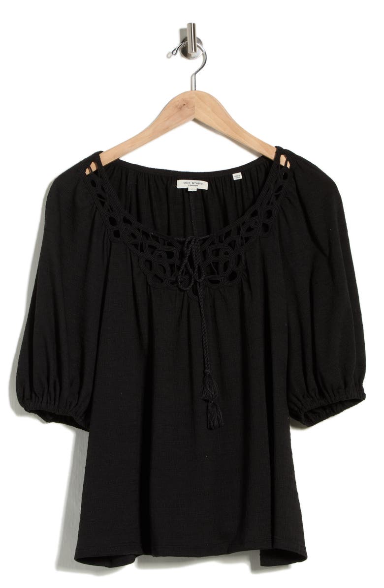 MAX STUDIO Split Neck Puff Sleeve Top, Main, color, Black
