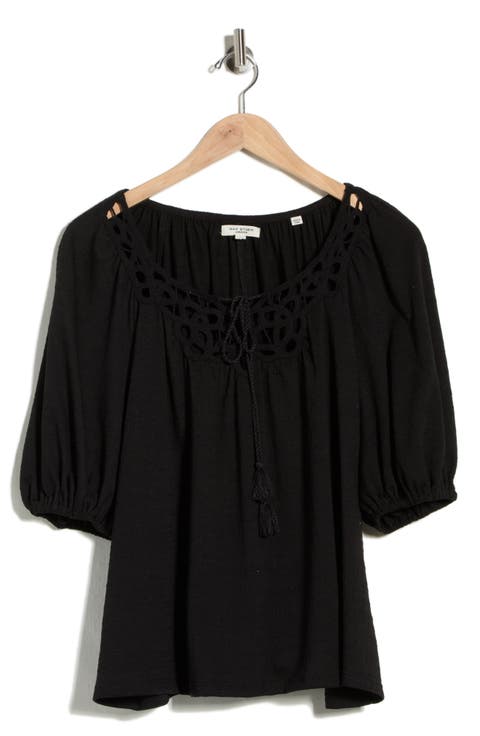 Split Neck Puff Sleeve Top