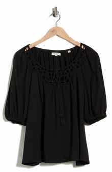 MAX STUDIO Split Neck Puff Sleeve Top