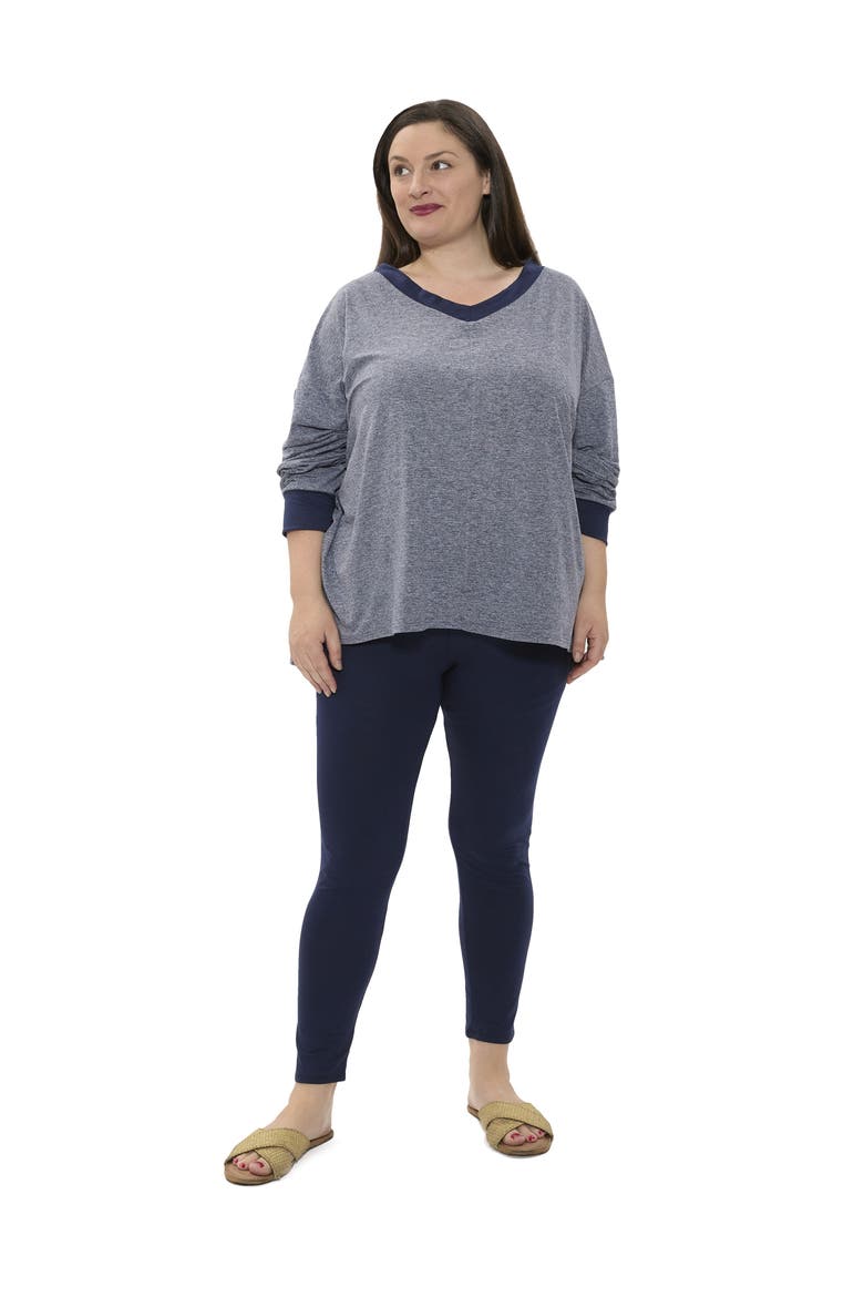 Plus Size Two Tone V Neck Long Sleeve Top and Legging Set, Main, color, Navy