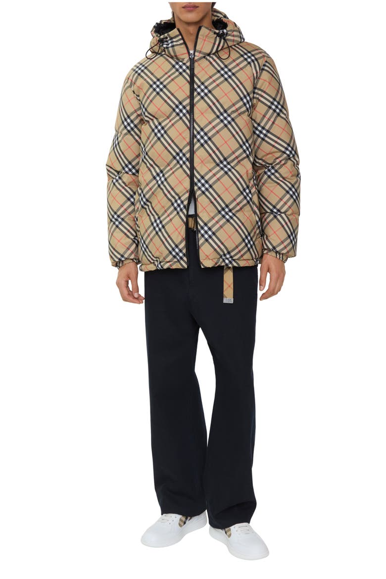 Reversible Check Hooded Puffer Jacket, Main, color, Sand beige