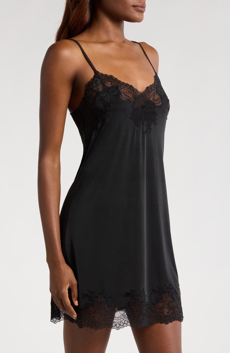 Natori Enchant Lace Trim Satin Chemise, Alternate, color, Black W/ Black Lace