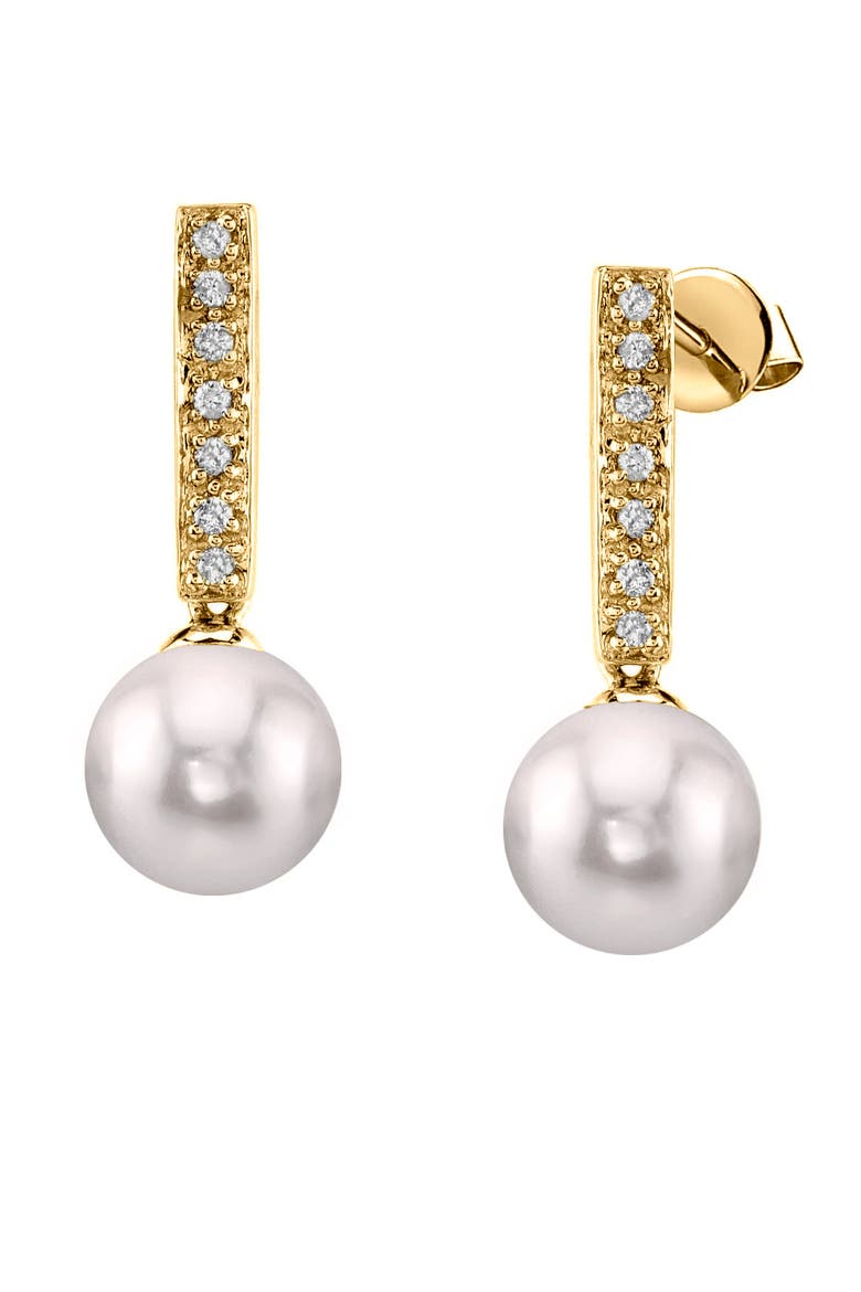Akoya Certified Hanadama Pearl Dangling Diamond Earrings, Main, color, Yellow Gold