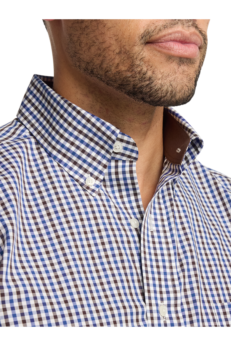 Cotton Buttondown Collar Broadcloth Tailored Contrast Trim Button Cuff Long Sleeve Shirt, Alternate, color, Blue/Brown
