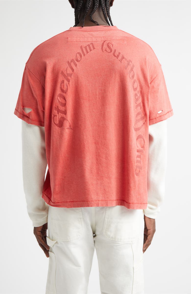 STOCKHOLM SURFBOARD CLUB Distressed Box Layered Organic Cotton Logo T-Shirt, Alternate, color, Signature Red