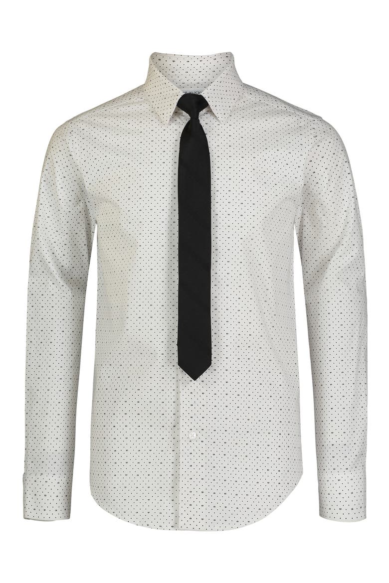 Long Sleeve Stretch Check Dot Print Shirt, Main, color, WHITE