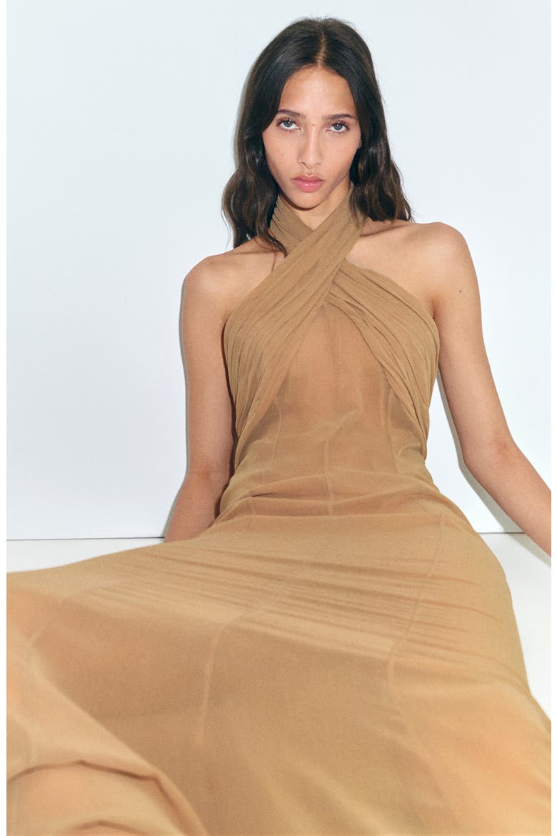 Mesh Halter Dress, Alternate, color, MEDIUM BEIGE