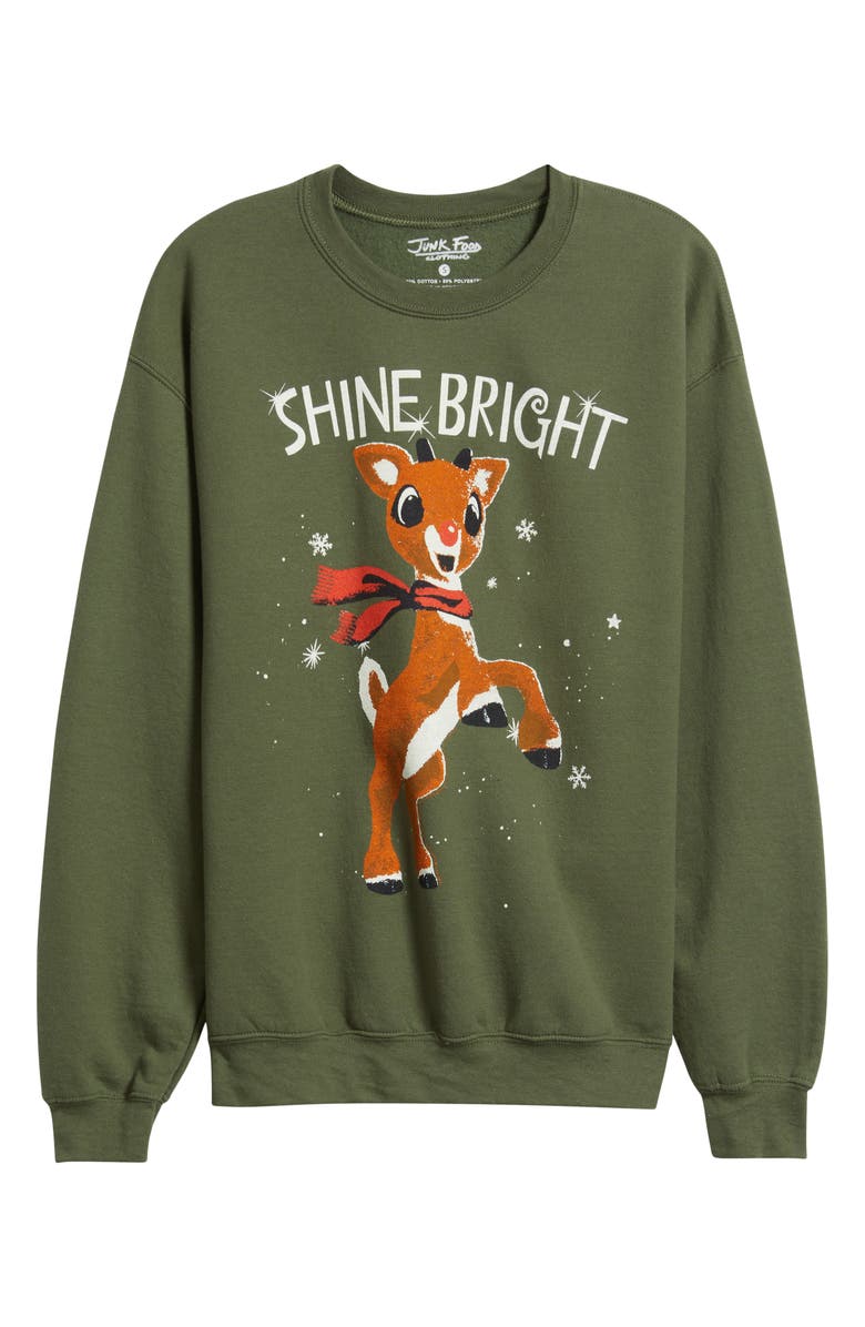 Junk Food Rudolph Shine Bright Crewneck Sweatshirt, Alternate, color, Military Green