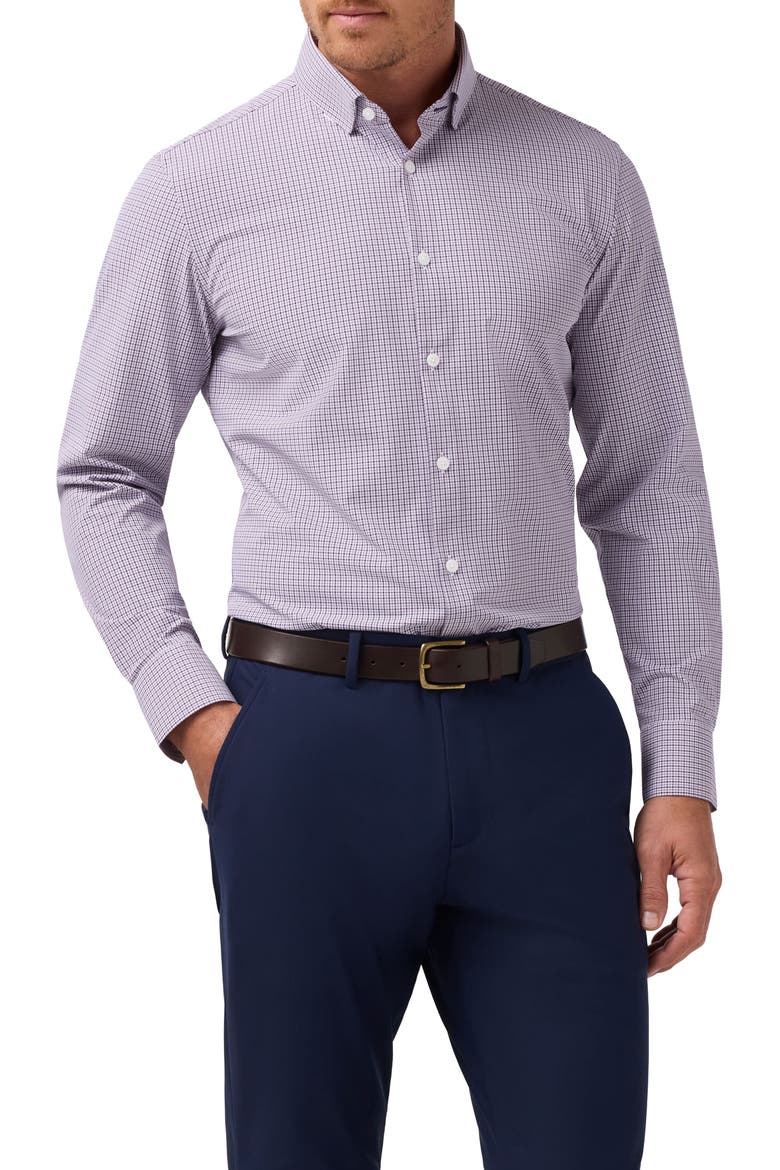 Leeward Trim Fit Plaid Performance Button-Up Shirt, Main, color, PURPLE DUSK SAM PLAID