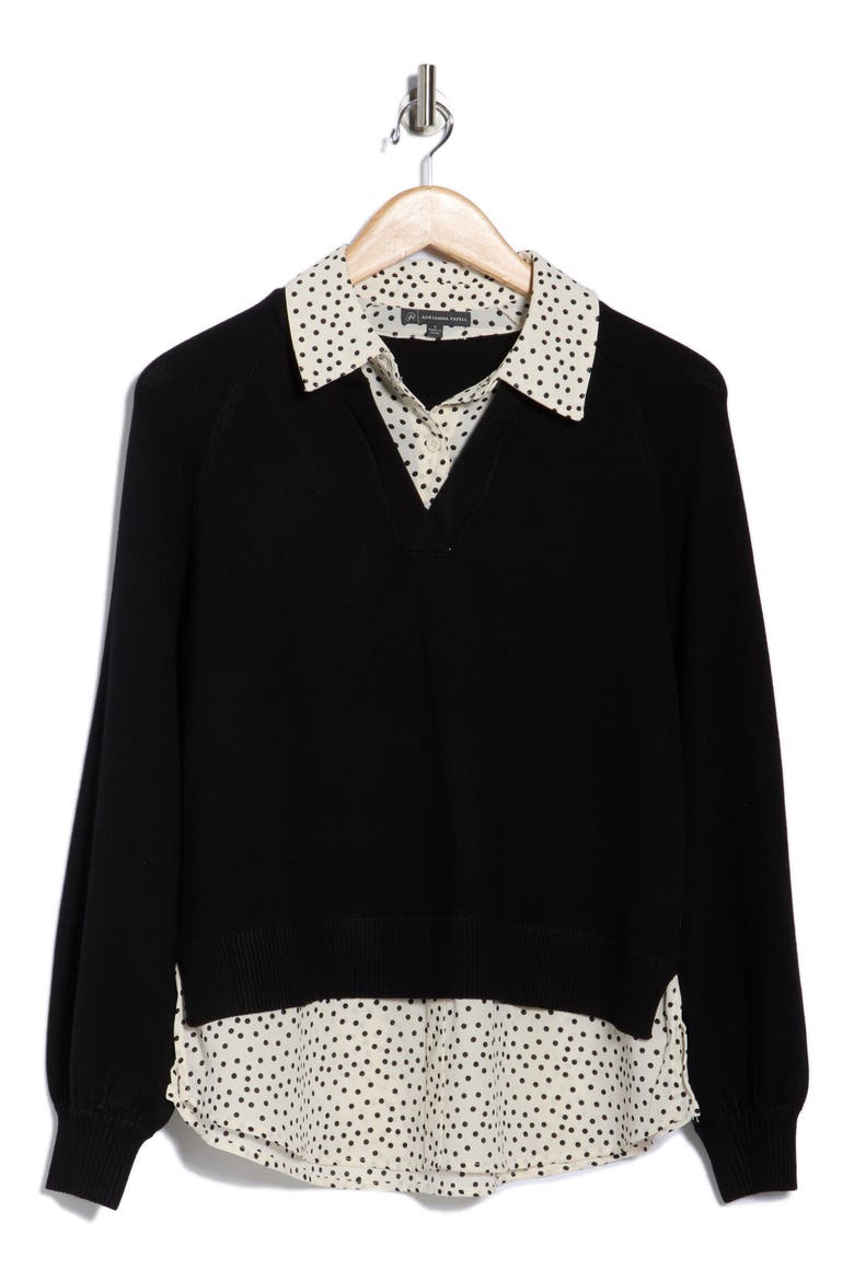 V-Neck Twofer Sweater, Alternate, color, BLACK W/ CREAM ABSTRACT DOT