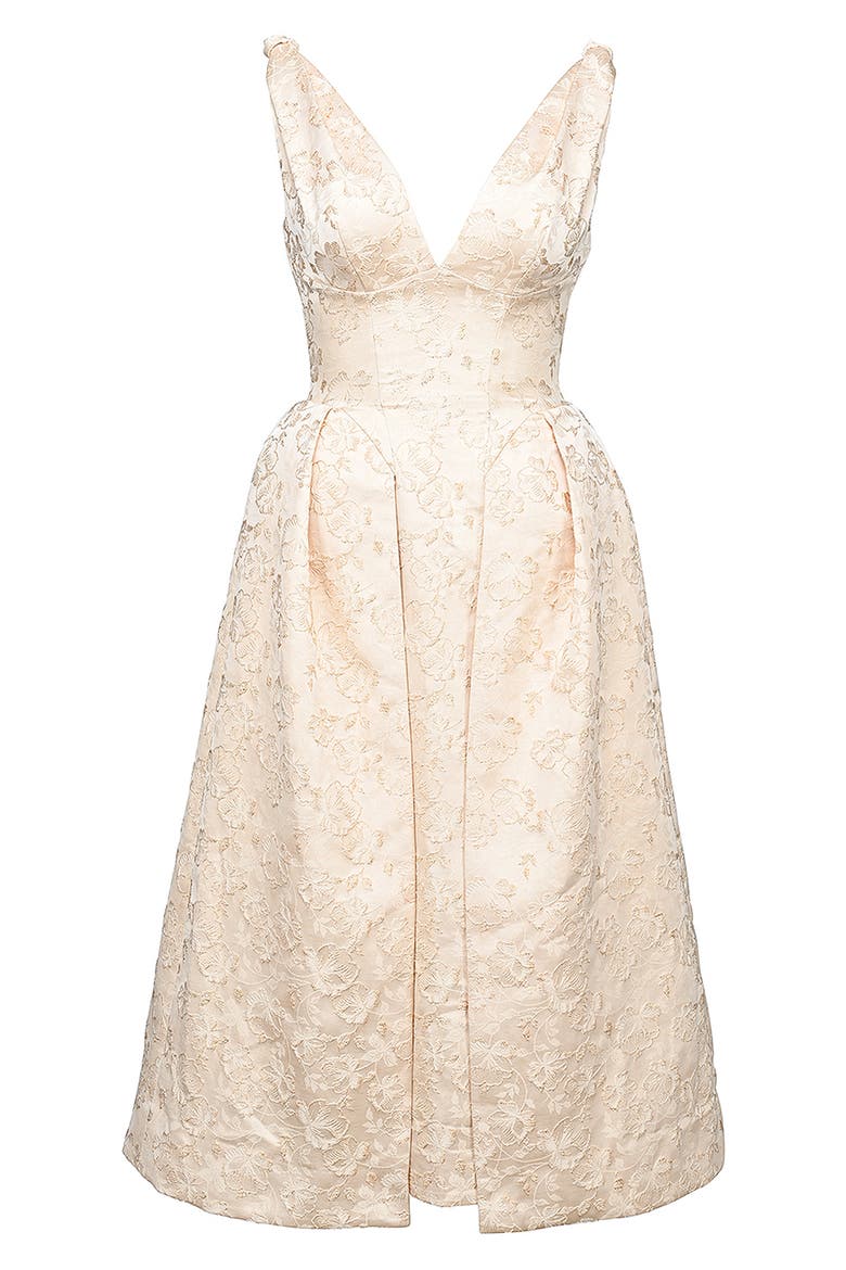 Paloma Plunge Neck Twist Strap Metallic Jacquard Midi Dress, Alternate, color, IVORY