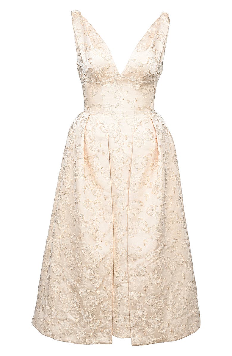 HOUSE OF CB Paloma Plunge Neck Twist Strap Metallic Jacquard Midi Dress, Alternate, color, Ivory