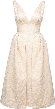 HOUSE OF CB Paloma Plunge Neck Twist Strap Metallic Jacquard Midi Dress