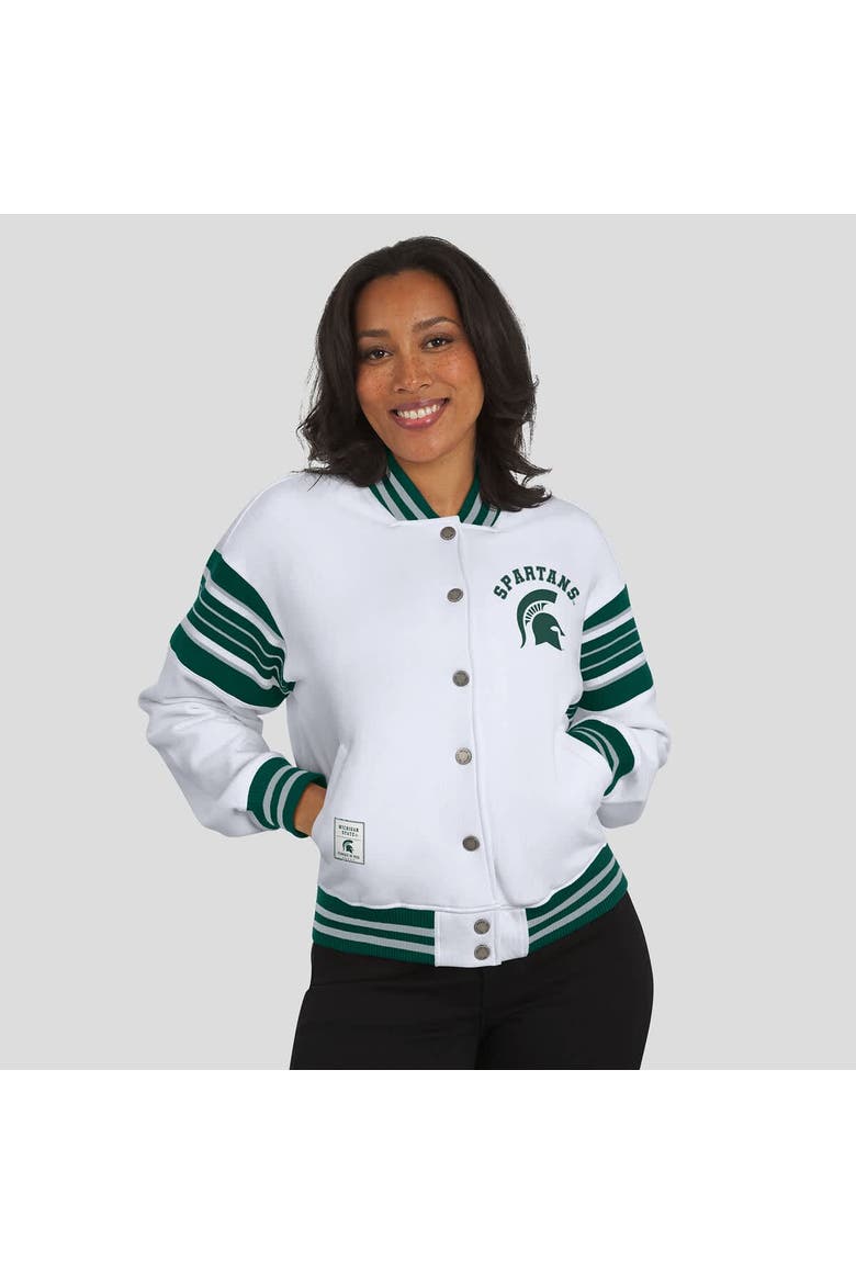 Women's WEAR by Erin Andrews White/Green Michigan State Spartans Satin Stitch Full-Snap Fleece Sweatshirt Jacket, Alternate, color, White