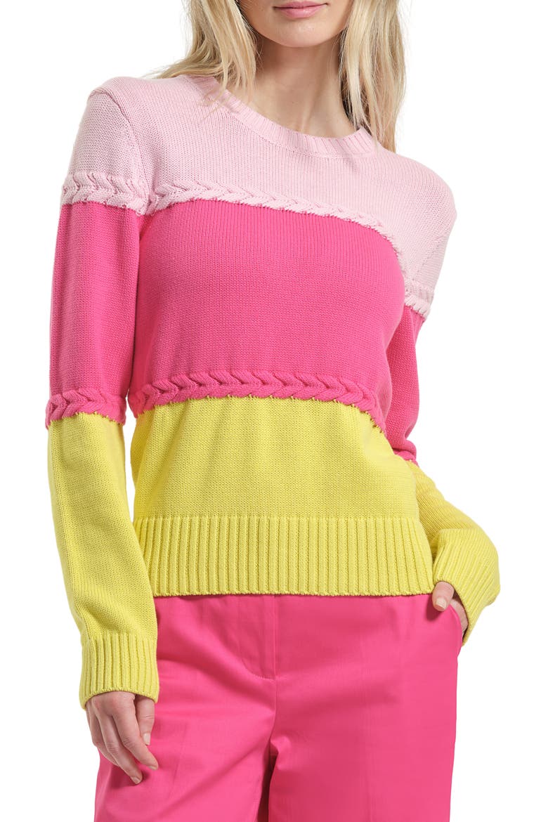 Braid Accent Colorblock Cotton Crewneck Sweater, Alternate, color, FUCHSIA/ MULTI