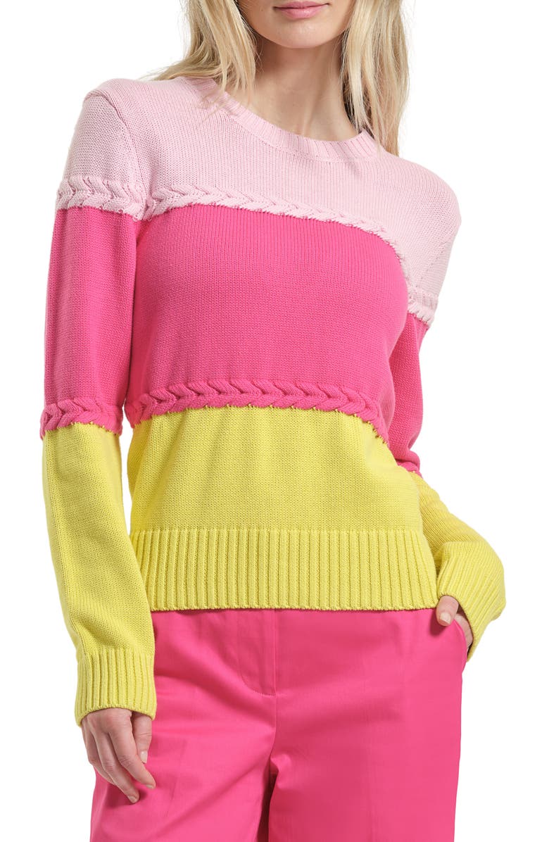 Isaac Mizrahi New York Braid Accent Colorblock Cotton Crewneck Sweater, Alternate, color, Fuchsia/ Multi