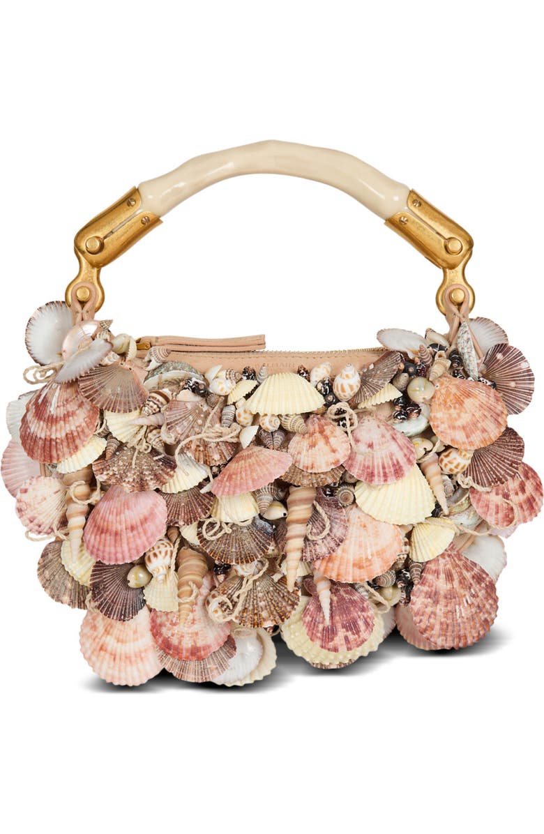 Balmain Ebene Mini bag with embroidered shells, Main, color,