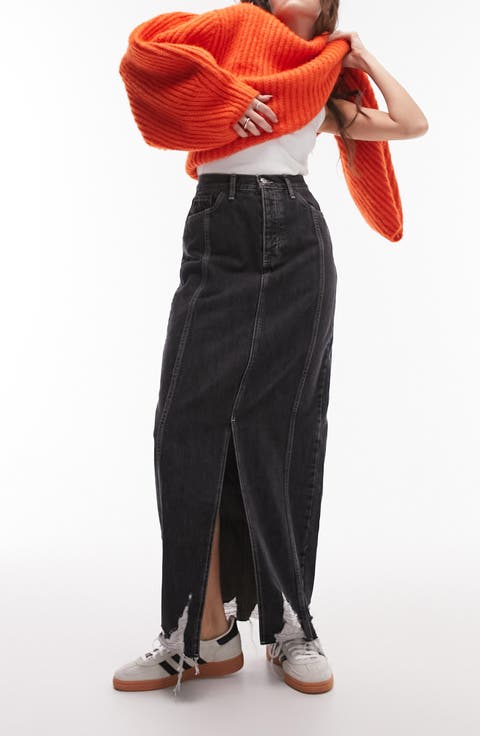Destroyed Hem Denim Maxi Skirt