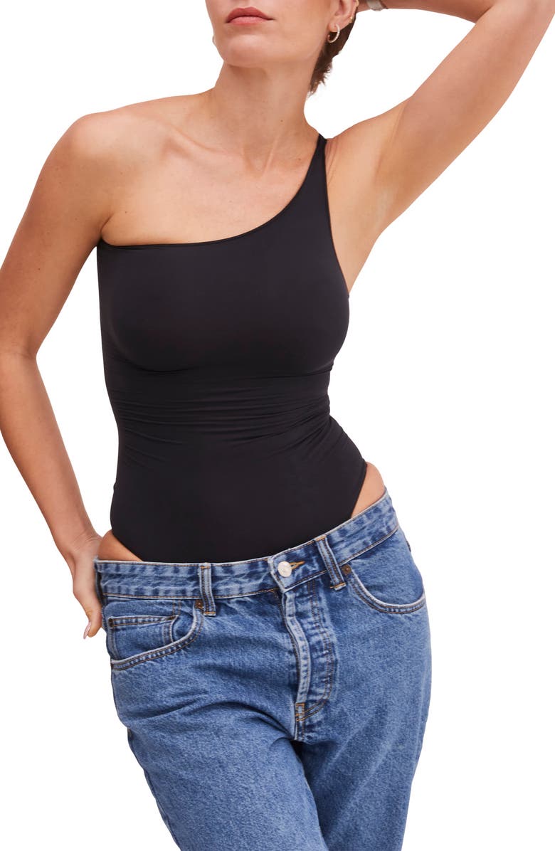 Noody Ultra-thin seamless forming one shoulder bodysuit, Alternate, color, Black