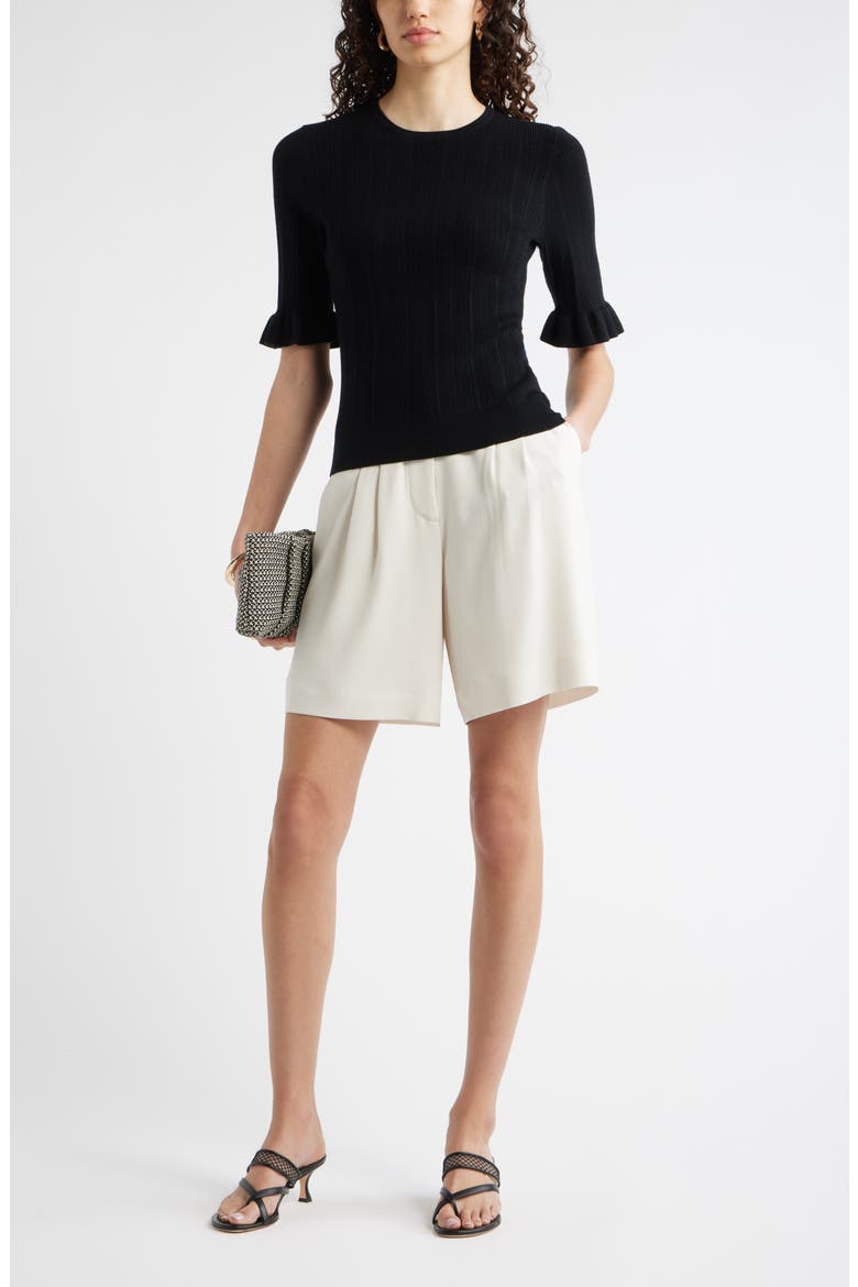Pointelle Wool Blend Crewneck Sweater, Alternate, color, BLACK