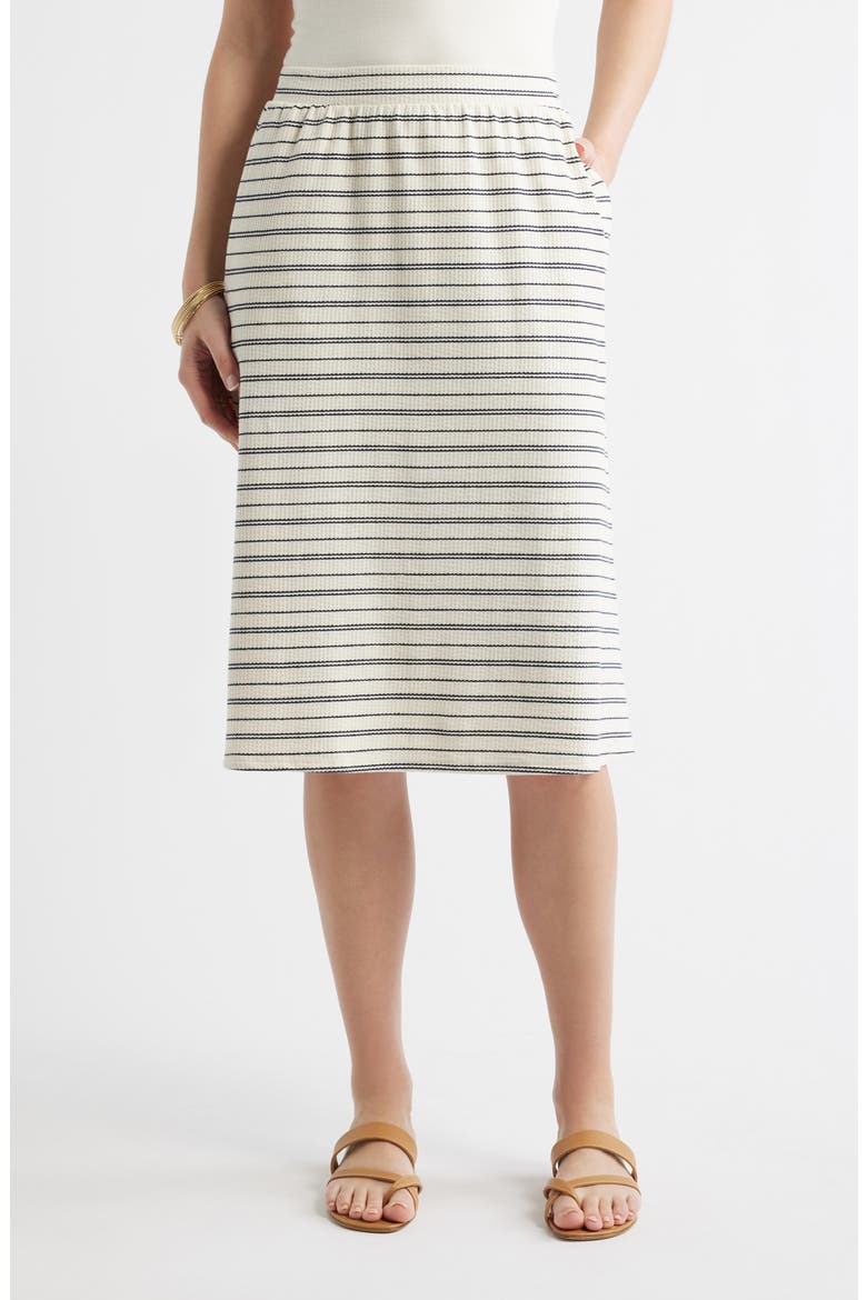 Stripe Cotton Blend Knit A-Line Midi Skirt, Main, color, IVORY- NAVY STRIPE