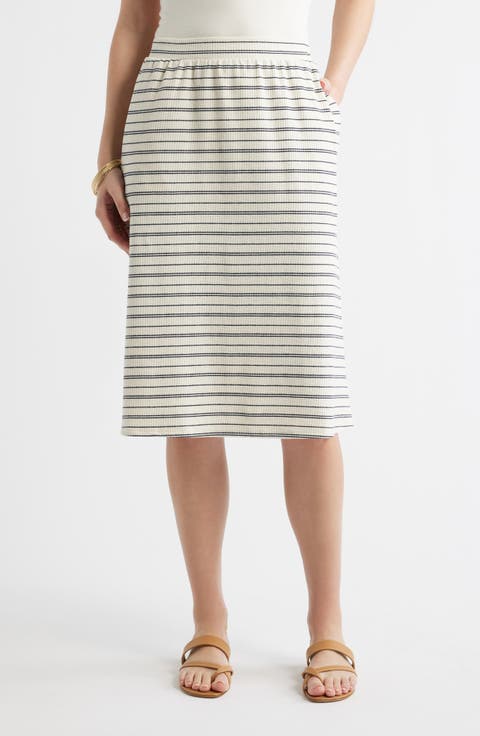 Stripe Cotton Blend Knit A-Line Midi Skirt
