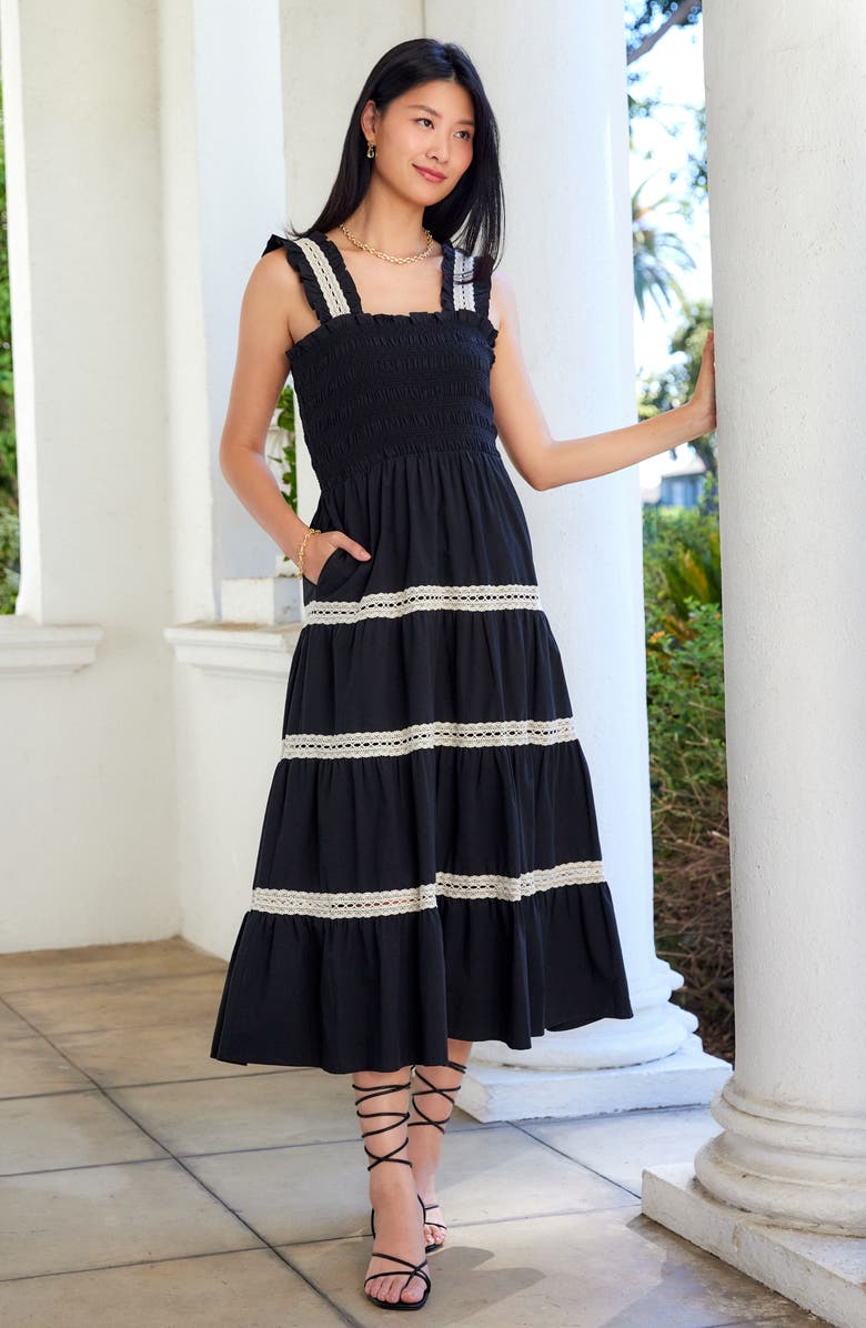 Karen Kane Tiered Midi Dress, Alternate, color, Black W/ Natural