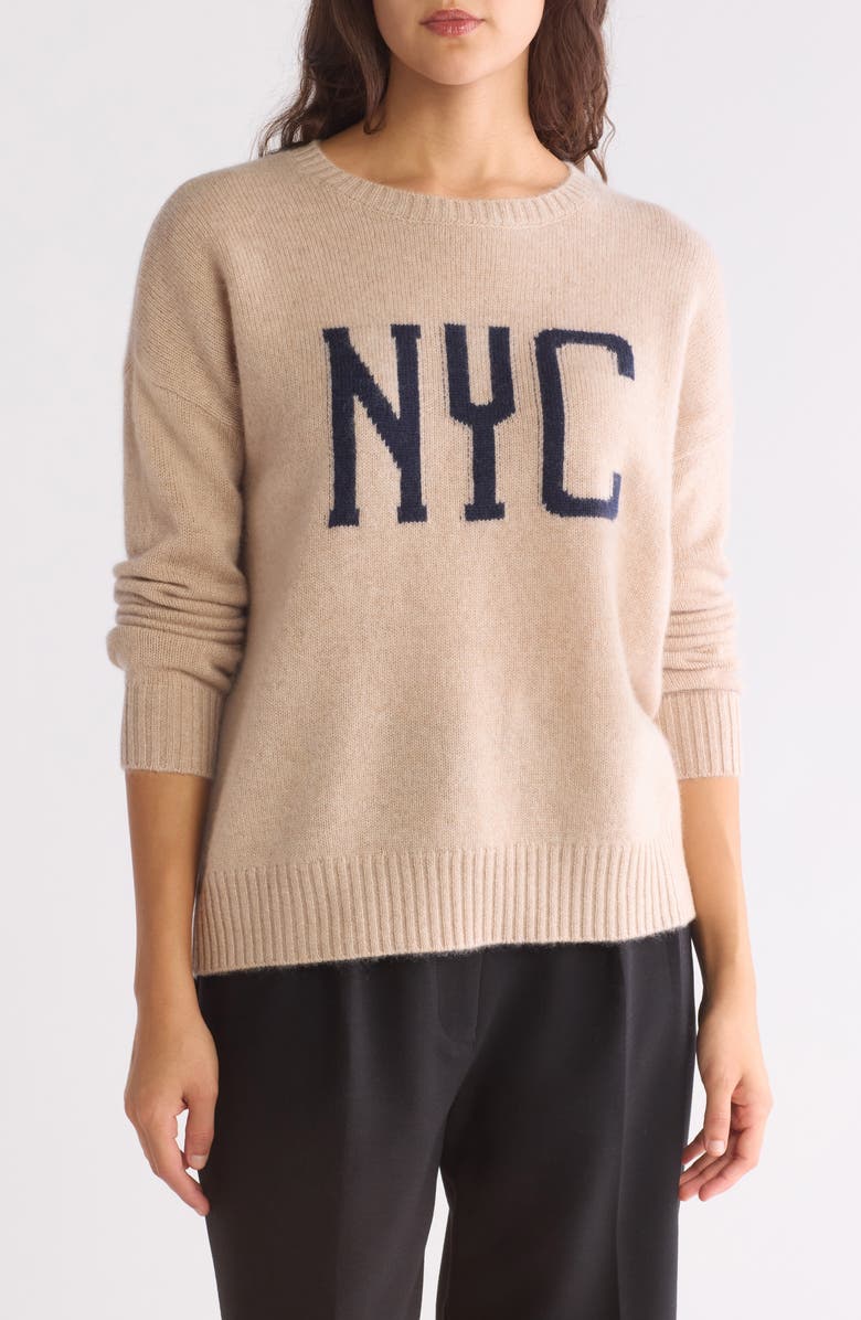 Magaschoni NYC Cashmere Crewneck Sweater, Main, color, Dune Heather / Navy Ink