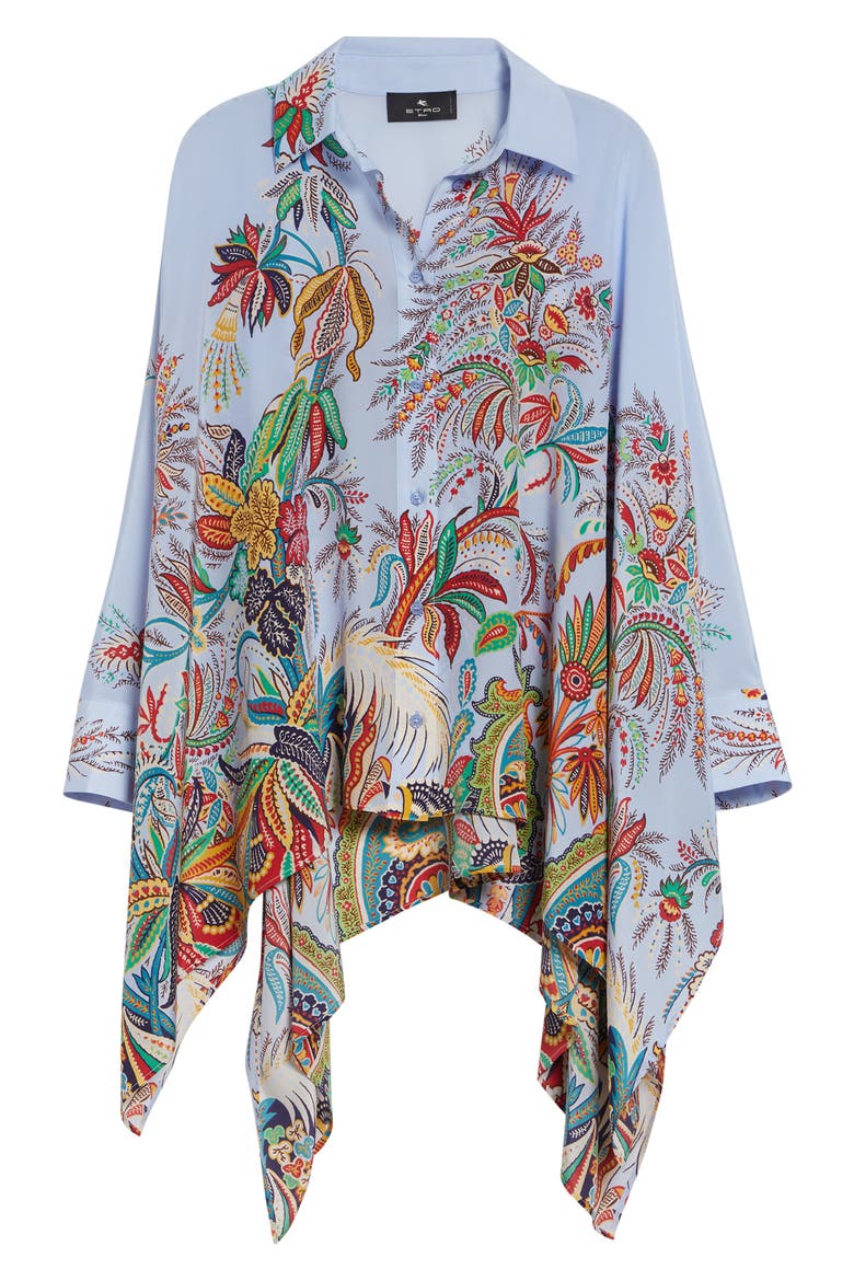 Paisley Print Handkerchief Hem Silk Button-Up Shirt, Alternate, color, PRINT ON PALE BLUE BASE
