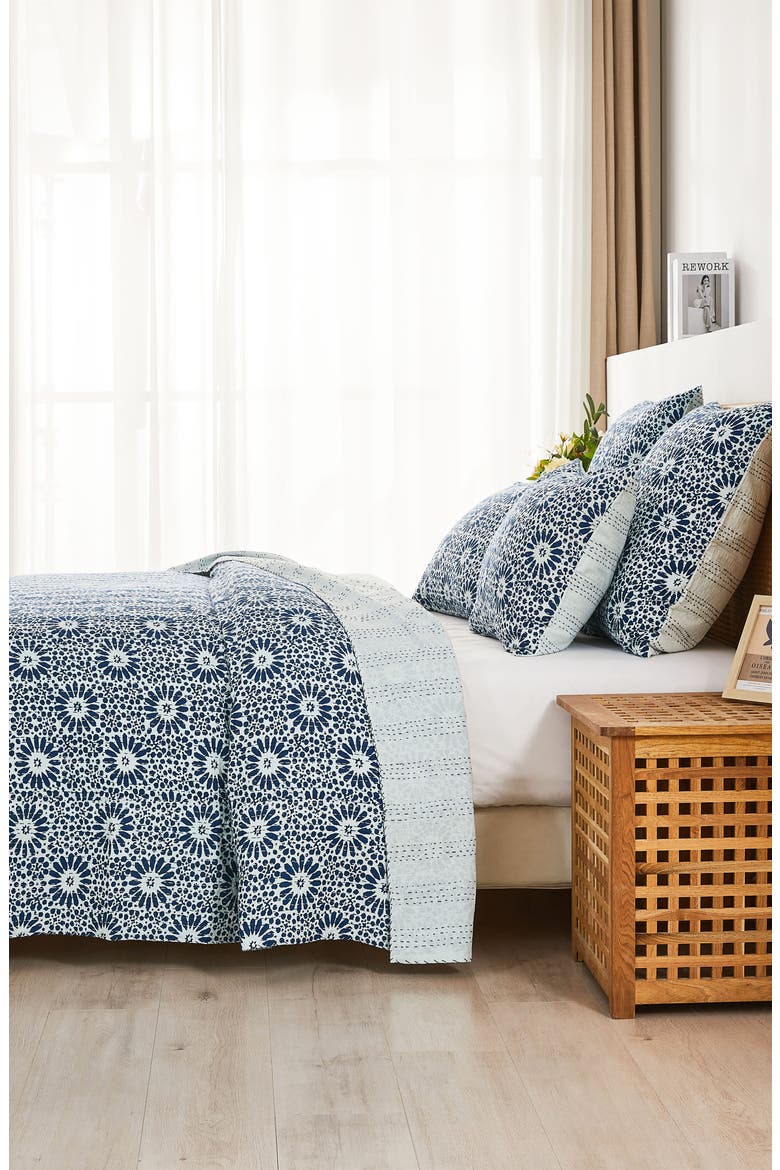 Flower Burst Kantha Set of 2 Cotton Shams, Alternate, color, INDIGO