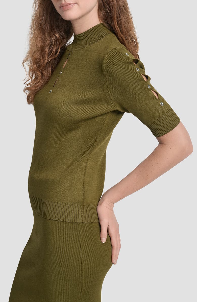 DKNY Cutout Grommet Mock Neck Sweater, Alternate, color, Dark Olive
