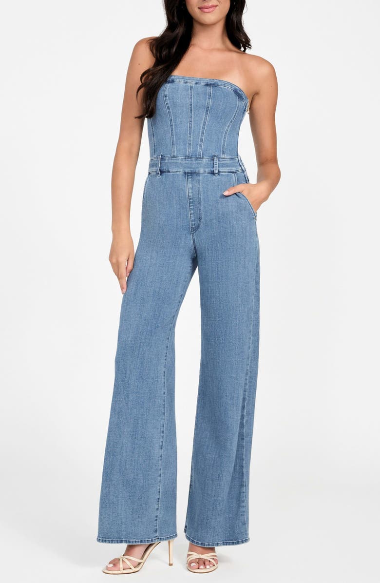 GUESS Donna Strapless Denim Jumpsuit, Alternate, color, Blue