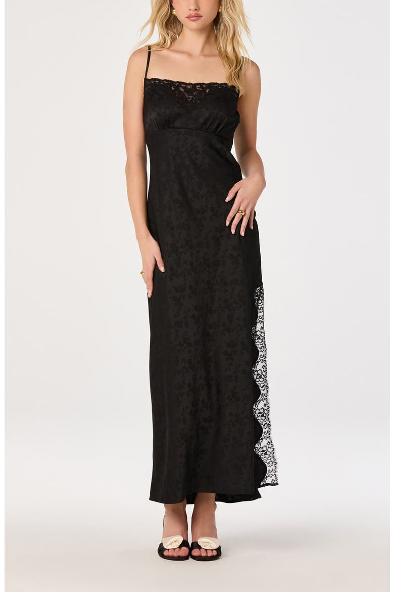 Kristian Lace Trim Floral Jacquard Midi Slipdress, Main, color, BLACK