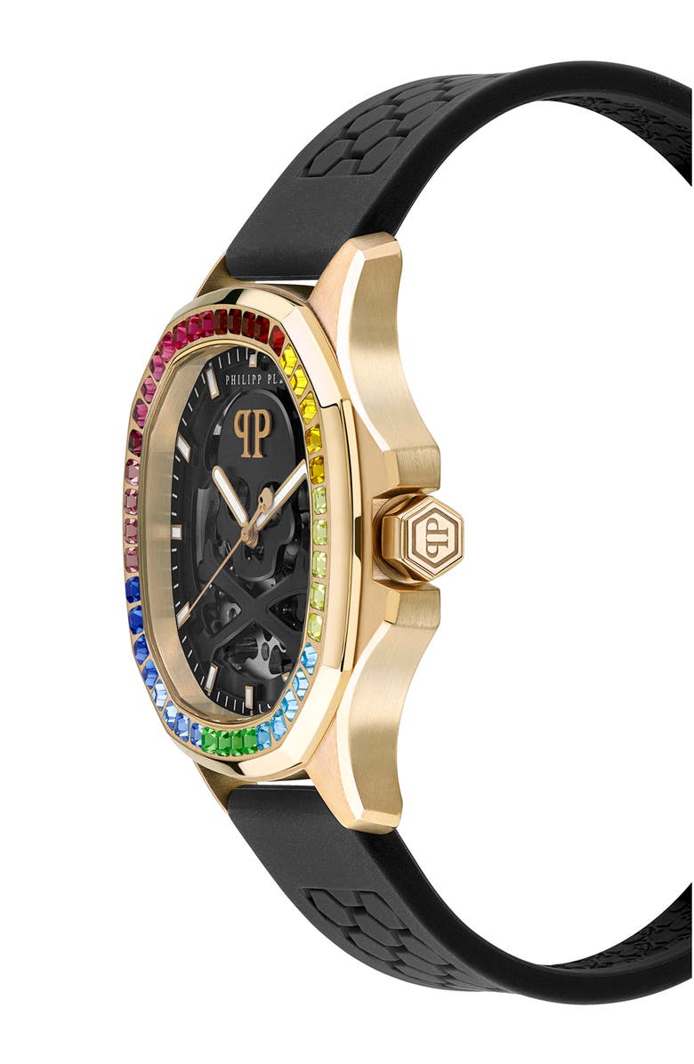 PHILIPP PLEIN Skeleton Spectre Silicone Strap Watch, 42mm, Alternate, color, Ip Yellow Gold