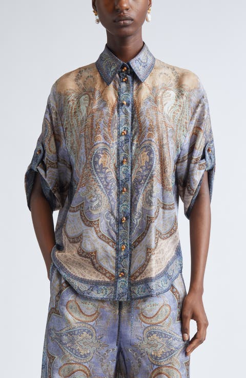 Wanderlust Oversize Paisley Silk Button-Up Shirt