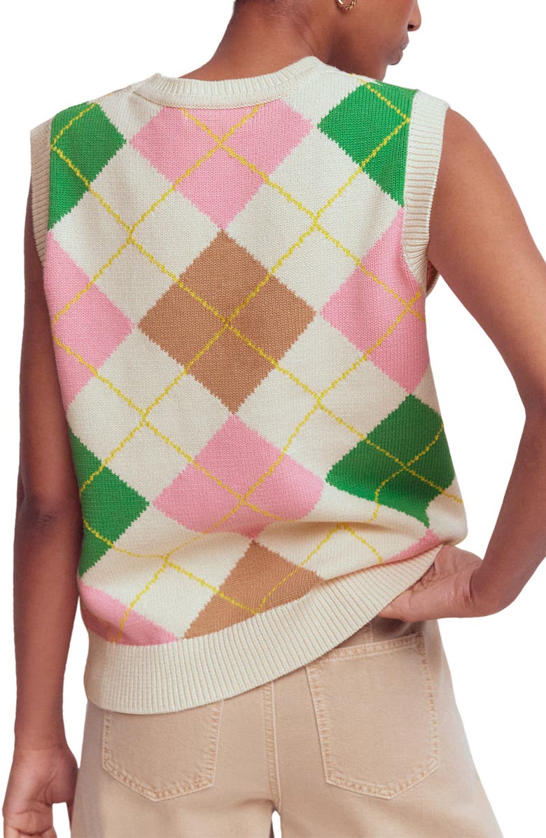 Boden Lucy Knit Cotton Sweater Vest, Alternate, color, Green/ Pink Argyle
