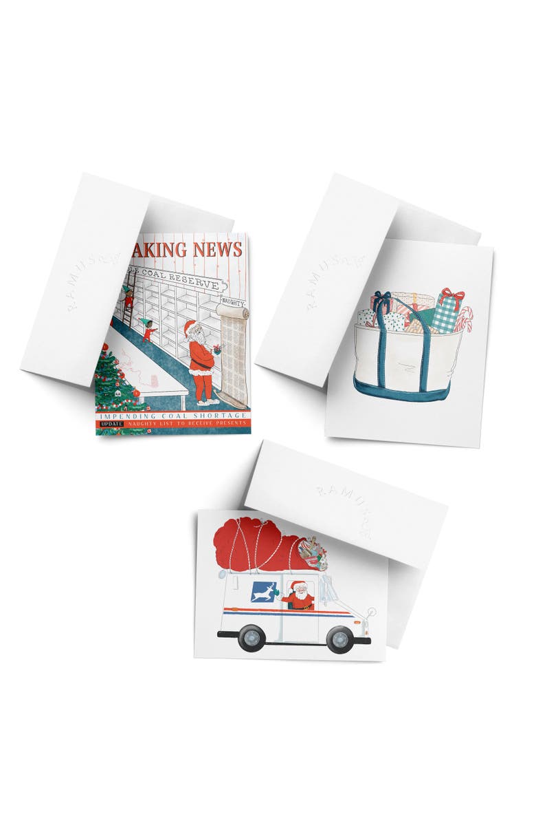 Ramus & Co Breaking News Coal, Santa Delivery Man, Tote Bag with Presents Winter/Holiday/Christmas Greeting Card Pack Sets, Main, color, Multi-Pack