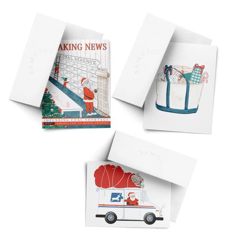 Breaking News Coal, Santa Delivery Man, Tote Bag with Presents Winter/Holiday/Christmas Greeting Card Pack Sets (3 ct, Assorted)