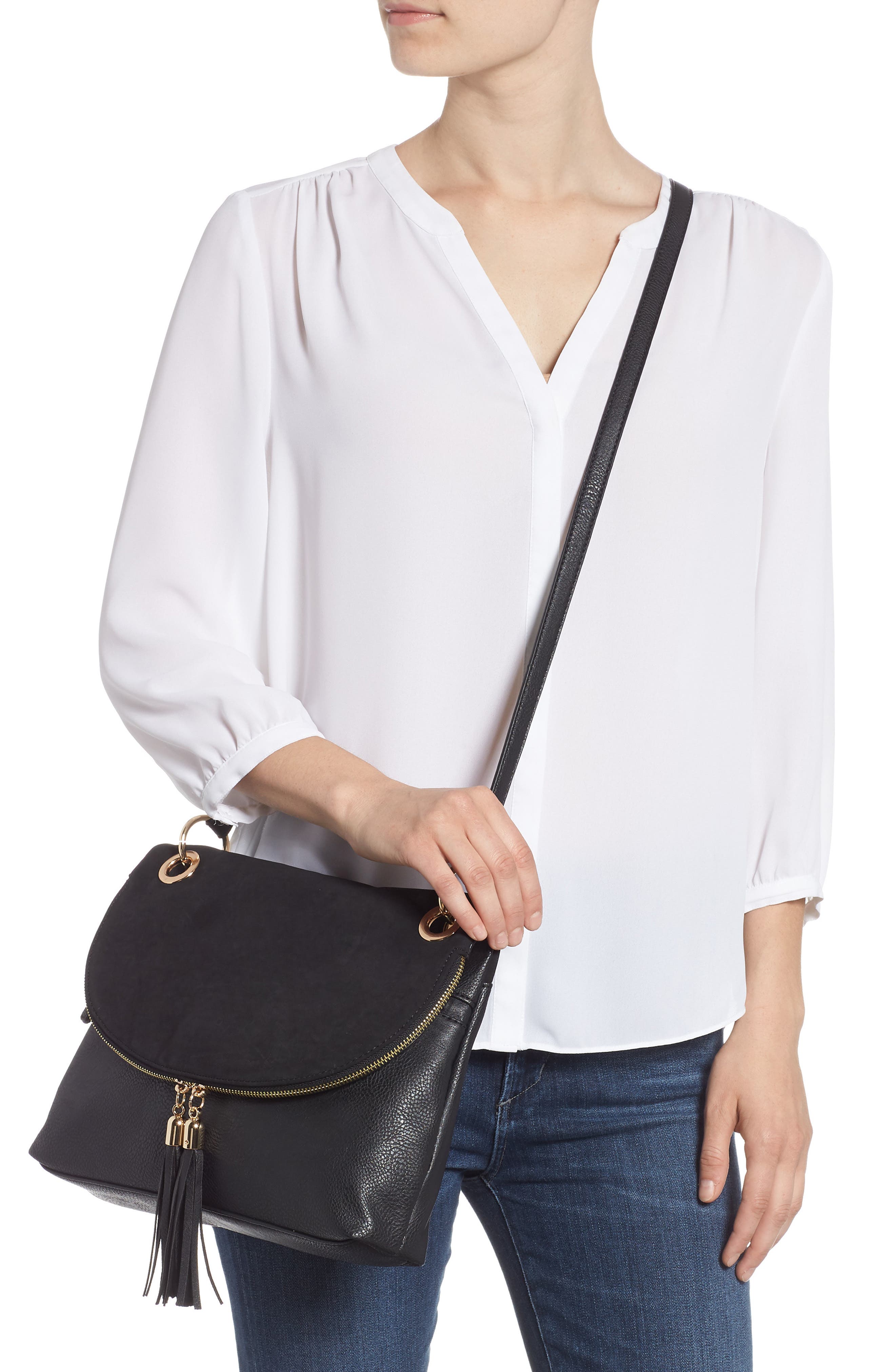 BP. Faux Leather Foldover Tassel Crossbody Bag, Alternate, color, 