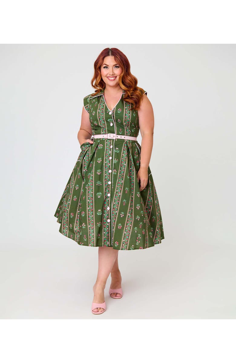 Unique Vintage Plus Size Shirt Swing Dress, Main, color, Green Floral Stripe