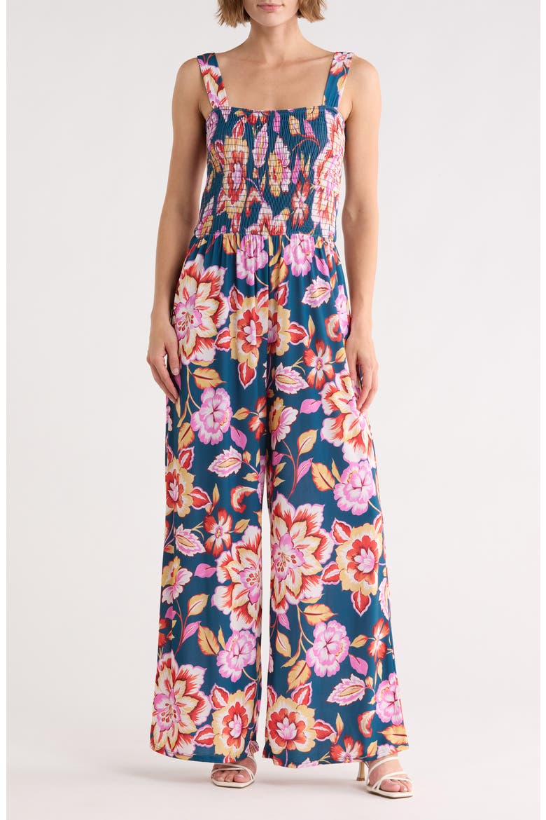 Smocked Knit Sleeveless Jumpsuit, Main, color, TEAL PINK FLORAL