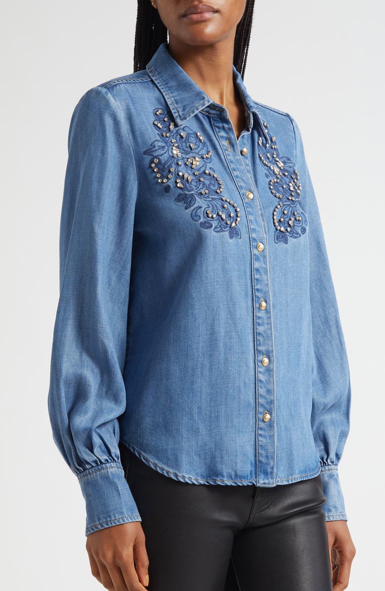 Cinq à Sept Rhinestone Detail Denim Button-Up Shirt, Alternate, color, Ciel