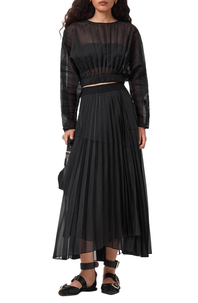 AllSaints Micaela Sheer Pleat Crop Top, Alternate, color, Black