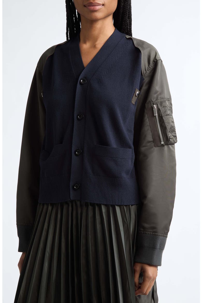 Mixed Media Cotton Cardigan, Alternate, color, NAVY/ DARK KHAKI
