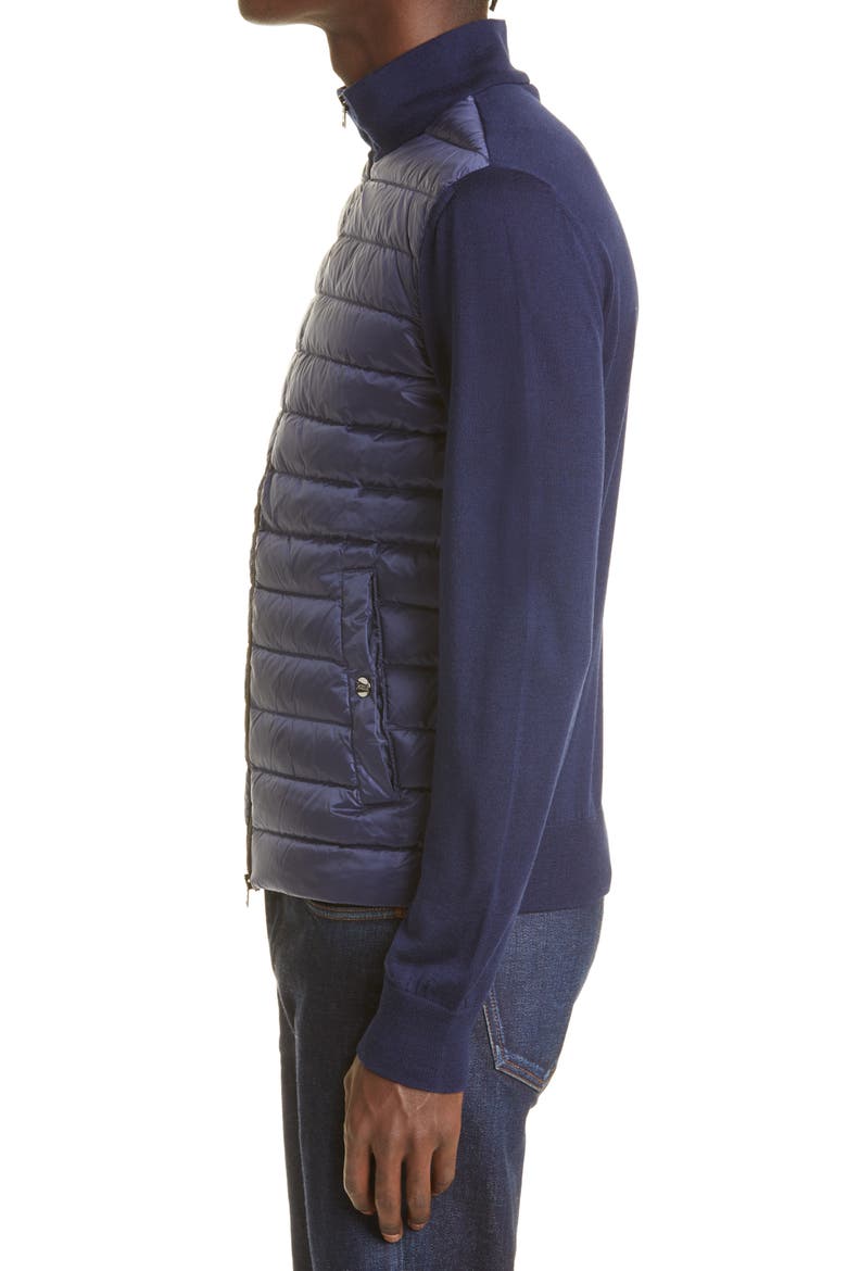 Quilted Down Front Wool & Silk Cardigan, Alternate, color, BLU NAVY